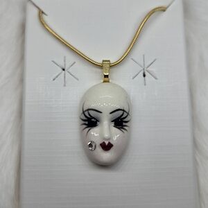 Vintage Fancy Faces Hand Painted Porcelain Mardi Gras Mask Pendant Necklace